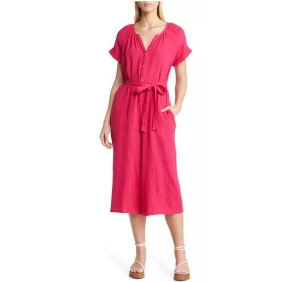 Tommy Bahama Jumpsuit Womens Size L Pink Island soft wide leg Cropped Pockets - Picture 1 of 8